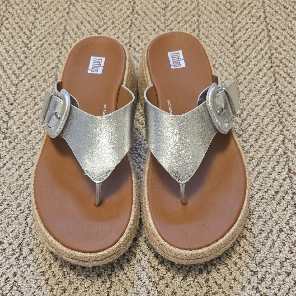 FitFlop F-Mode Espadrille Platform Wedge Flip Flop Silver - Picture 3 of 10